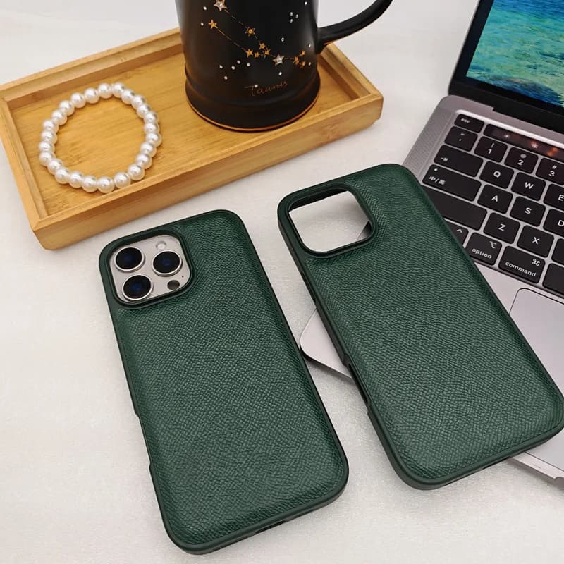 Classic Solid Color Versatile Match Epsom Leather Fashion Phone Case Shockproof Bumper Cover for iPhone 17 16 15 14 13 Pro Max