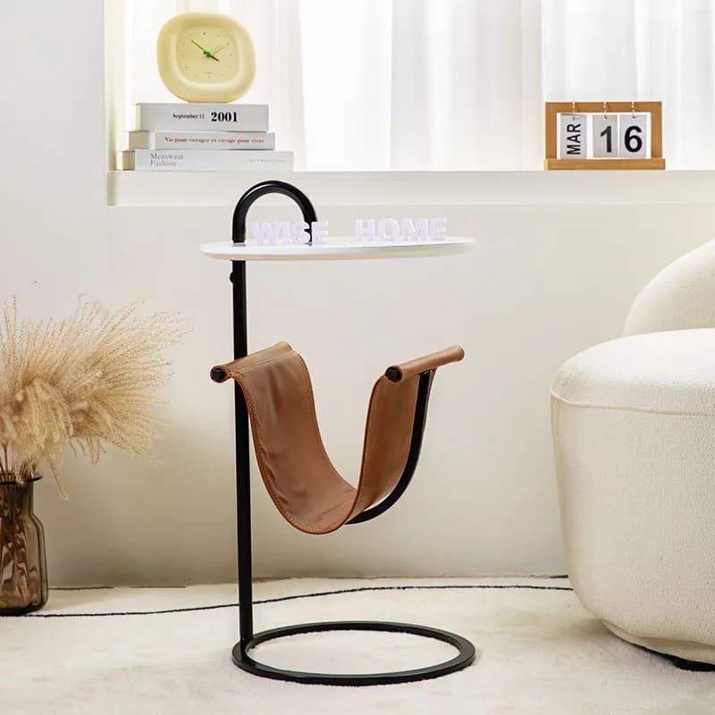 #k for Luxury Multi-Functional Sofa Side Table Metal Frame Leather Storage Pocket Circular Base End Table for Living Room*