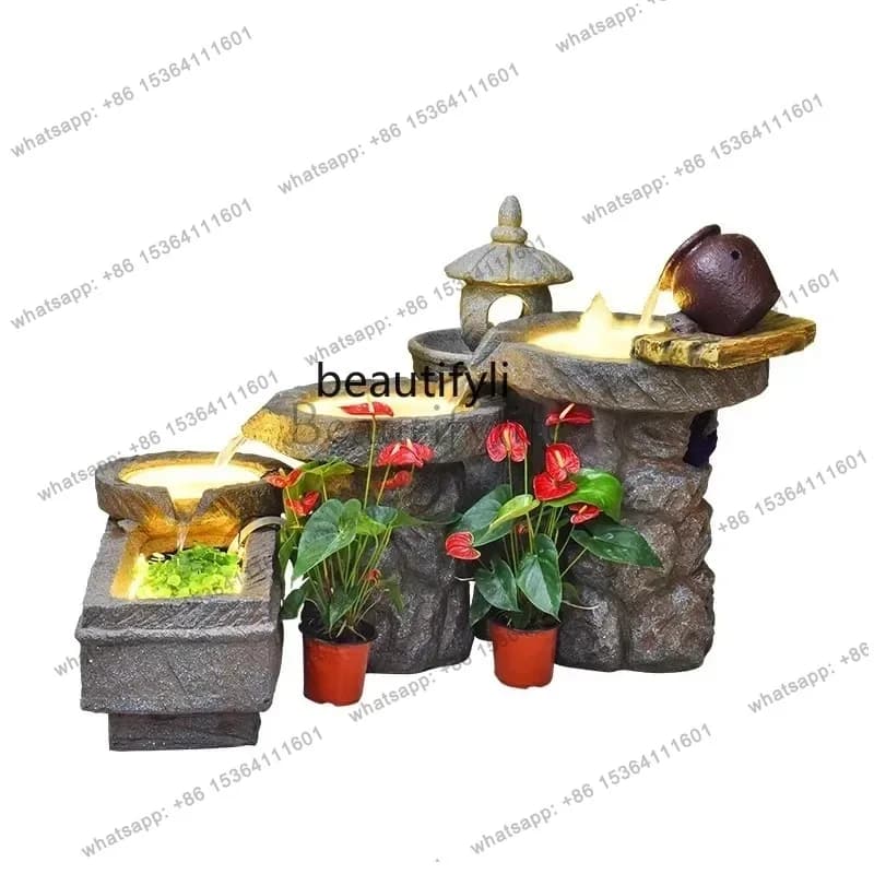 Chinese decorative ornaments, rockery, flowing water fountain, fish pond, floor-to-ceiling outdoor garden, courtyard lands