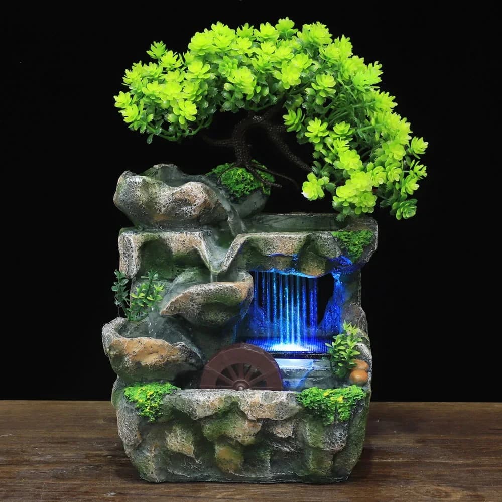 MLGB Indoor Desktop Feng Shui Rockery Fountain Decor Living Room Flowing Water Waterfall Ornament with 7-Color Light US Plug