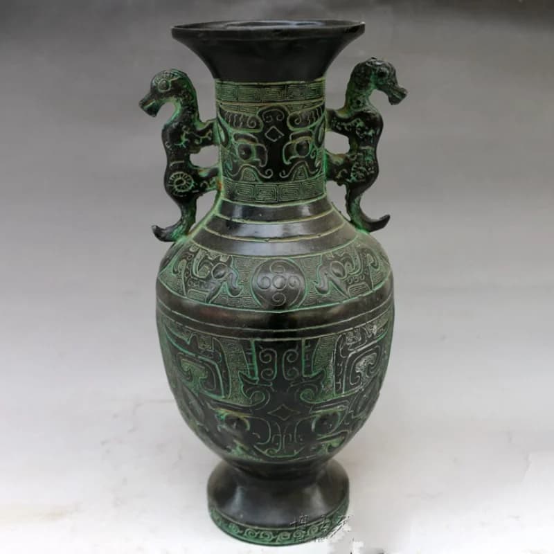 Chinese Bronze Style Vase Retro Archaic Beast Pattern Dragon Double Ear Vase Home Desktop Decor Curio Collectible Craft
