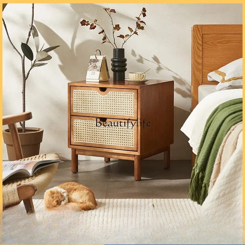 pg55ld 38 Solid wood bedside table Simple modern Nordic storage storage cabinet Bedroom bedside rattan