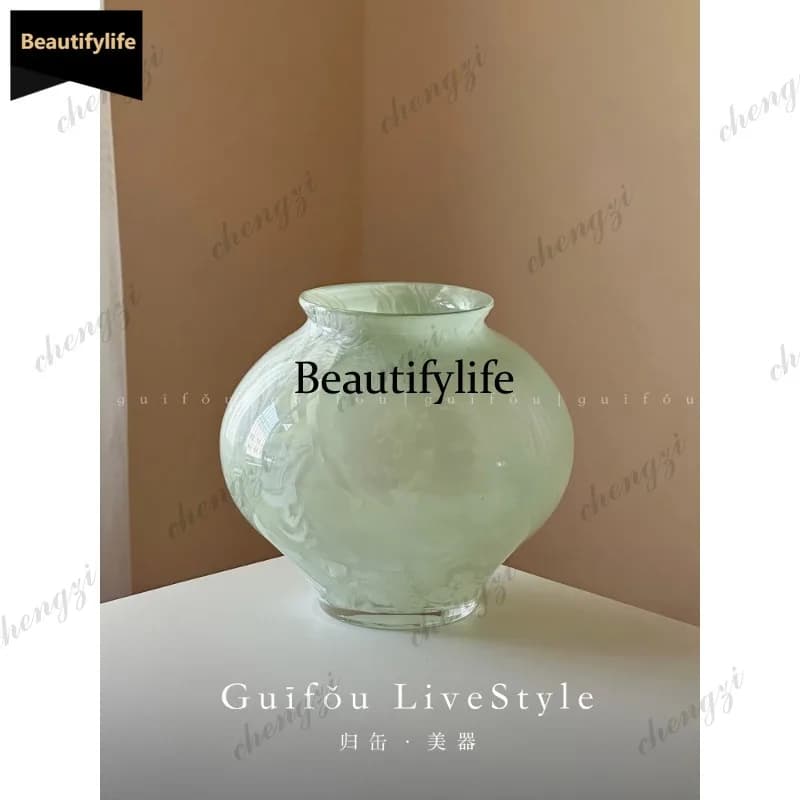 D80 glazed Song-style aesthetic vase, new home tea room design sense, niche green glass flower ware
