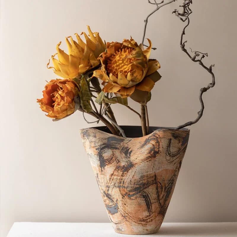 Hand-Painted Ceramic Flower Pot Wabi-Sabi Coarse Ceramic Vase Entryway Guesthouse Ornament Dining Table Ceramic Flower Holder