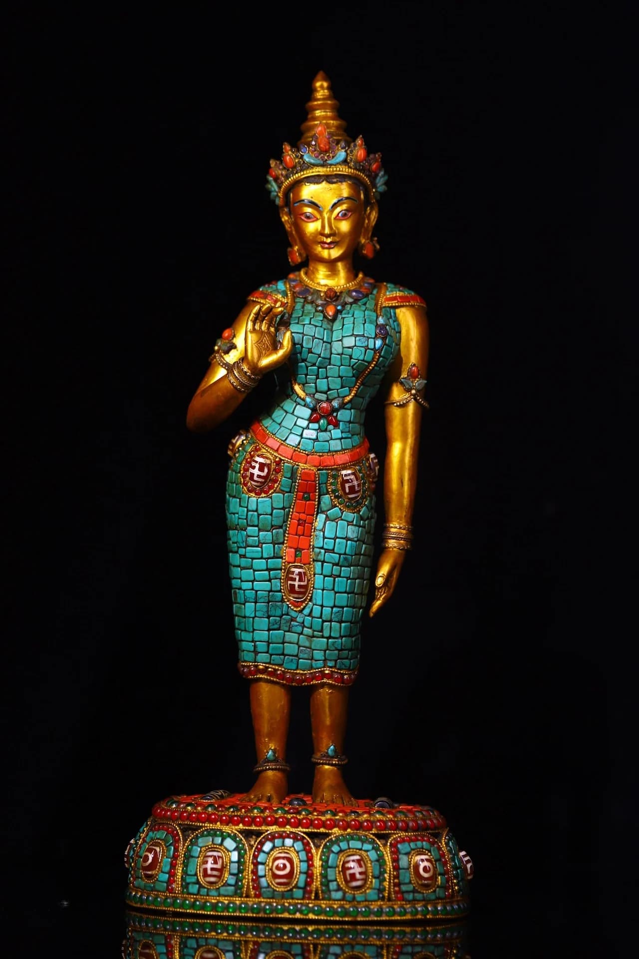 15"Old Tibetan Silver Gilded Outline in gold Mosaic Gem gZi Beads Turquoise Green Tara Station Buddha Worship Hall