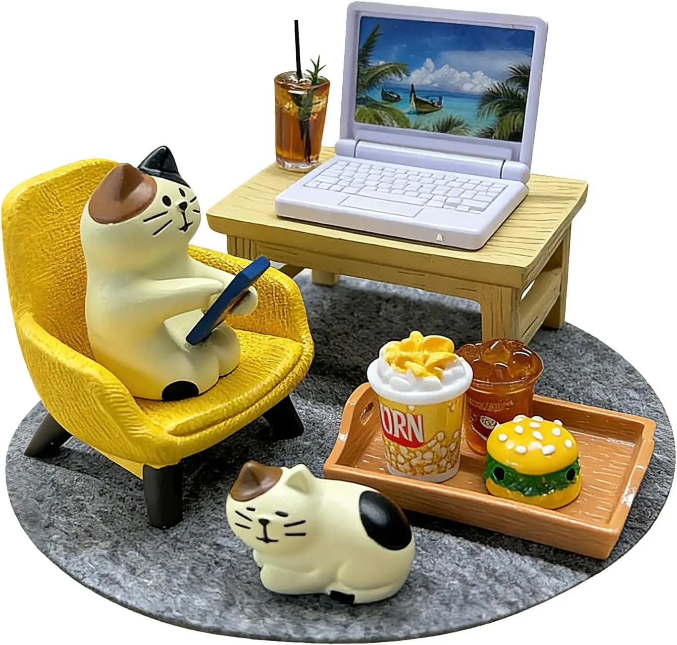 11-Piece Cats Figurines Playing Phone Cat Office Decor | Featuring Computer,Desk,Sleeping Cat,Iced Coffee;Cute Resin Decor for O