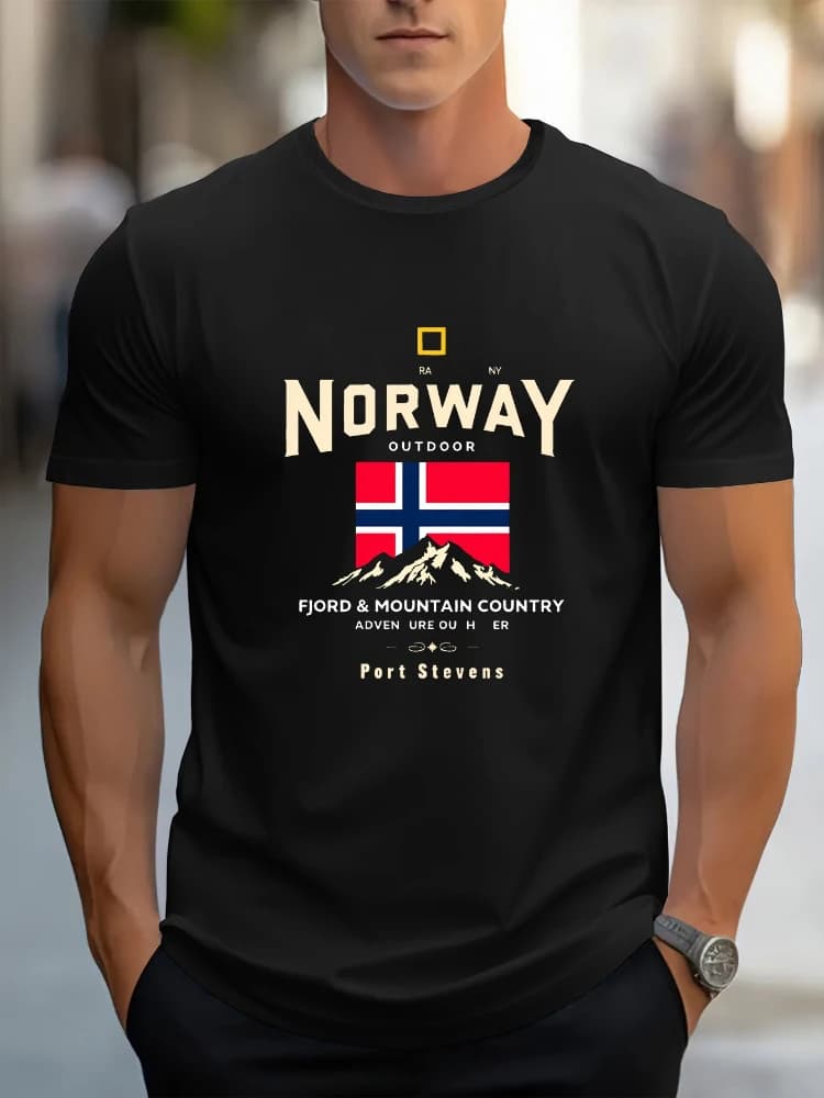 Norway Graphic with Mountain&Flag Design-100% cotton summer casual O-neck short sleeve printed men's T-shirt.