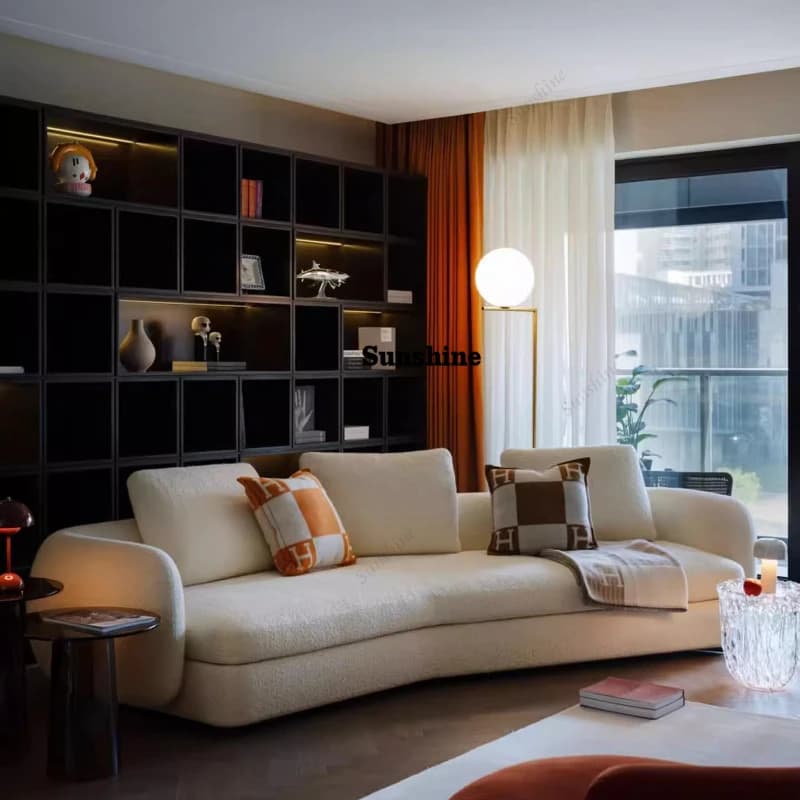 Italian minimalist small apartment inline living room curved cream vellow fabric sofa