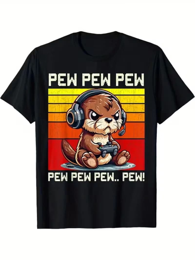Men's Women T-shirt Funny Retro Gaming Otter T-Shirt Vintage Arcade Pew Text Cotton Tee Streetwear Oversized O-Neck Short Sleeve