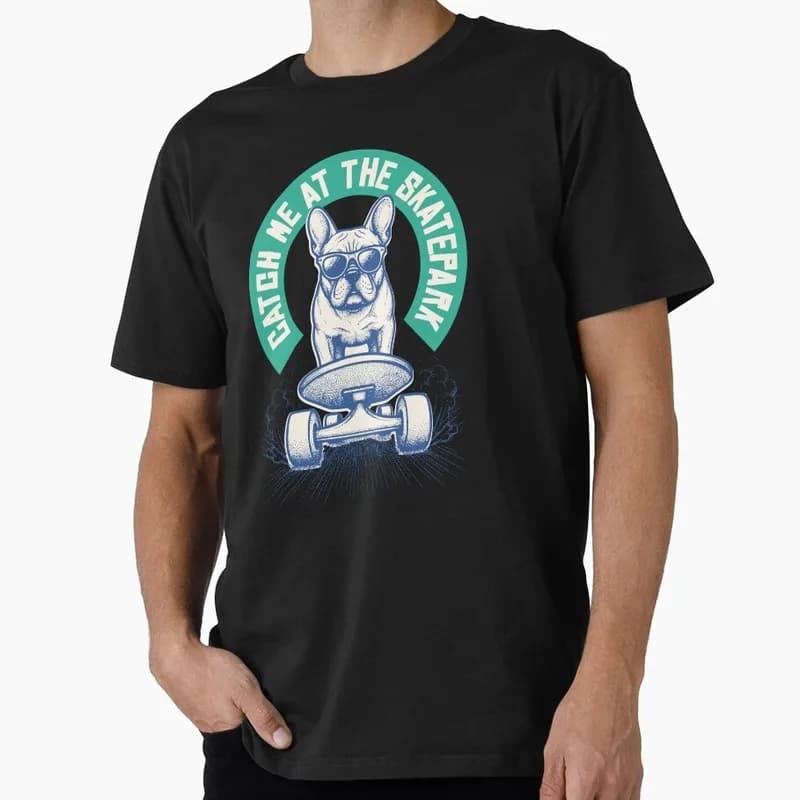 Funny Frenchie Riding Skateboard Skatepark Graphic T-shirt for Dog Dad Unisex 100% Cotton Short Sleeve Print Tee Pet owner Gift