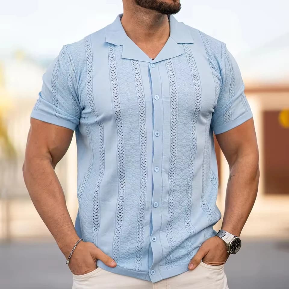 Summer 2025 New Fashion Short Sleeve Turn-down Collar Blue Green Beige Solid Color Shirts Casual Trendy Men's Polo Shirts Male