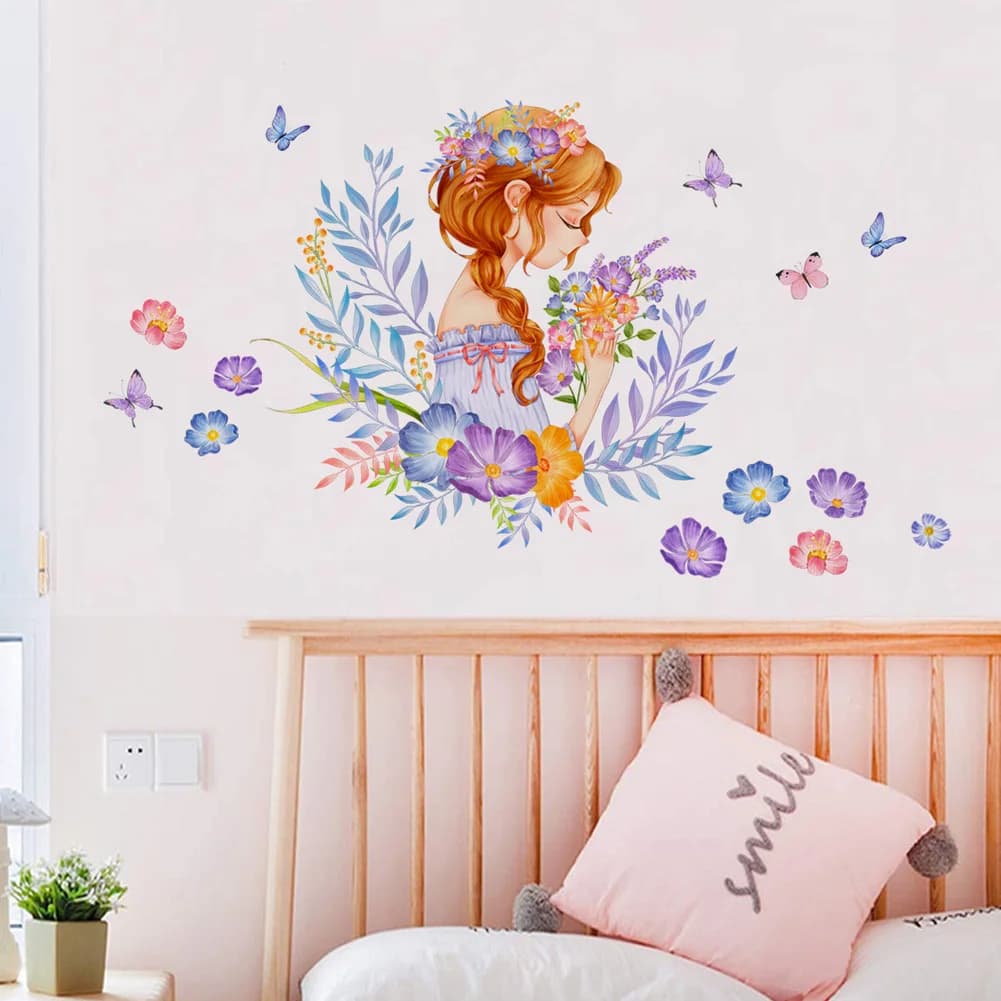 Beautiful Flower Girl Wall Sticker For Bedroom Background Home Decoration Mural Living Room Entrance Decor Self-adhesive Decals
