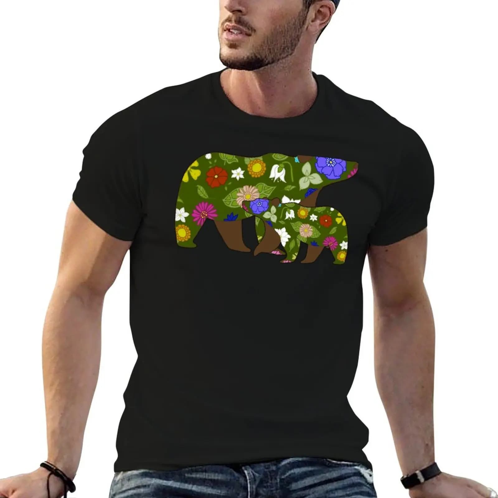 Mama Bear and Baby Bear Spring Flowers T-Shirt funny shirt cotton blue lock luxury clothes men