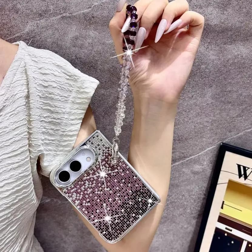 Elegant Glam Shimmer Gradient Rhinestone Phone Case for iPhone Duo Plating Frame Crystal Bead Wrist Strap Protective Cover