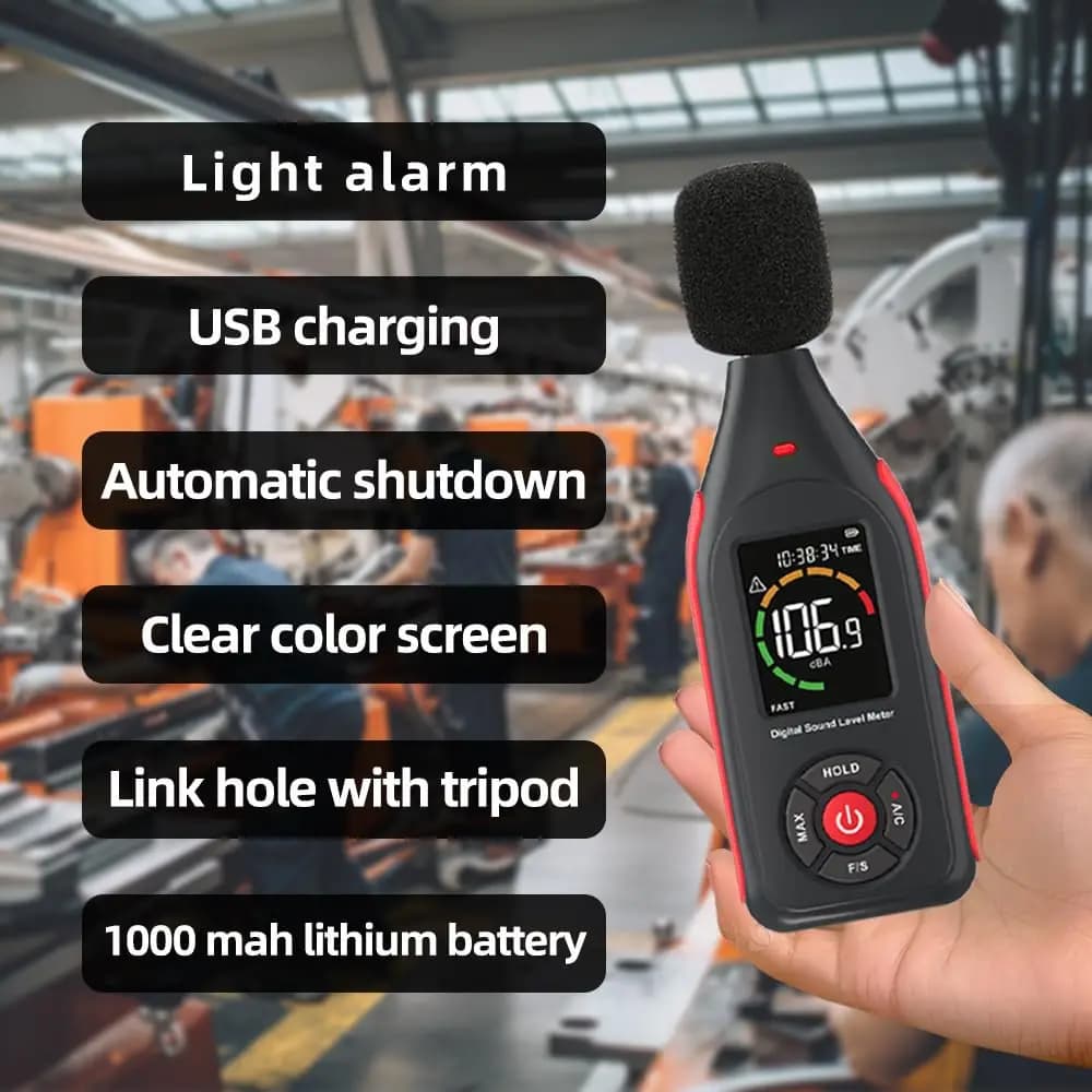 Decibel Meter, Handheld Sound Level Meter 30 to 130dB A/C Weighting Noise Tester,Data Analyzable, Color-Coded Alarm, Portable