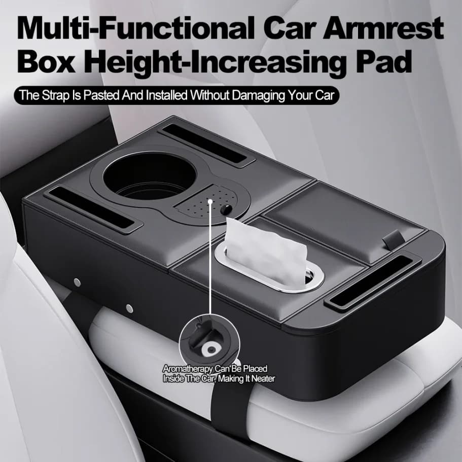 Multi-Functional Car Armrest Box Height-Increasing Pad with Storage Tissue Box And Water Cup Holder - Vehicle Interior Organizer