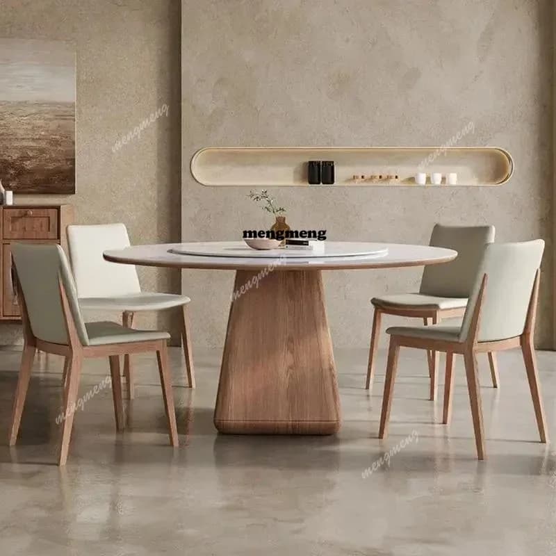 Practical Wooden Dining Room Sets Stable 12mm Rock Slab And 18mm Thickness Of Base Plate Tabletop Round Kitchen Table With 360°T