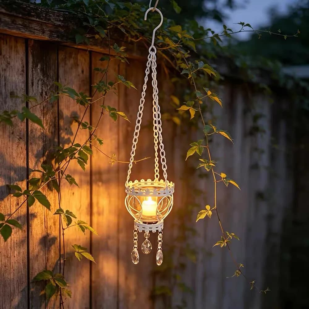 Vintage Hanging Candle Lantern with Crystal Pendants, Distressed Iron Lace Tealight Holder for Garden Patio Wedding Decor