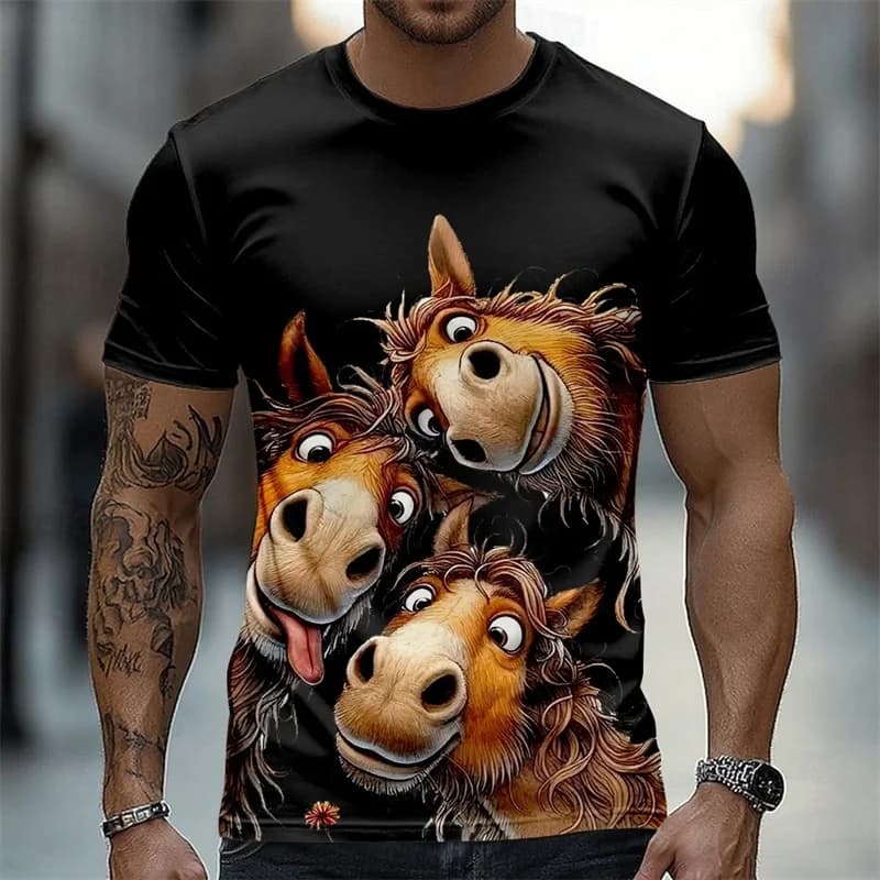 Cartoon Anime Horse Graphic T-shirt For Men Funny Casual 3D Animal Print O-neck Breathable Tee Shirts Summer Daily Leisure Tops