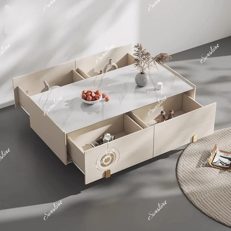 Italian modern light luxury living room solid wood cream wind rectangular rock panel TV cabinet combination  FT