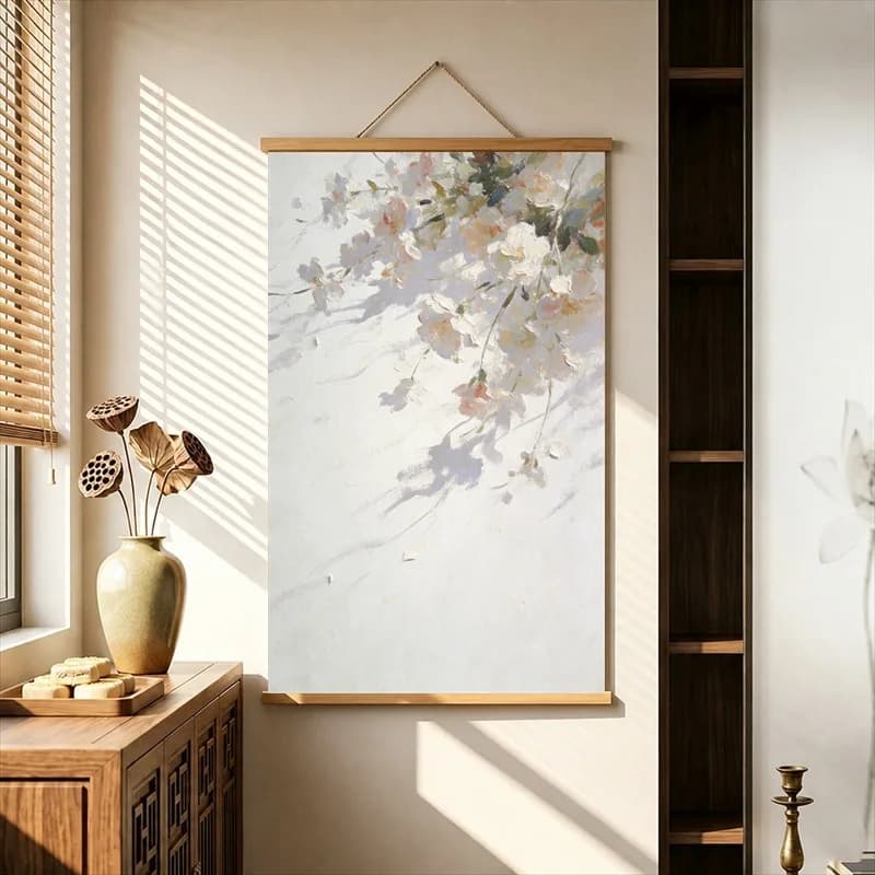 Wall Decor Pale Pink Blossoms in Snowy Light, Soft Neutral Tone Pearlescent Canvas Wall Hanging Scroll for Spa Treatment Room