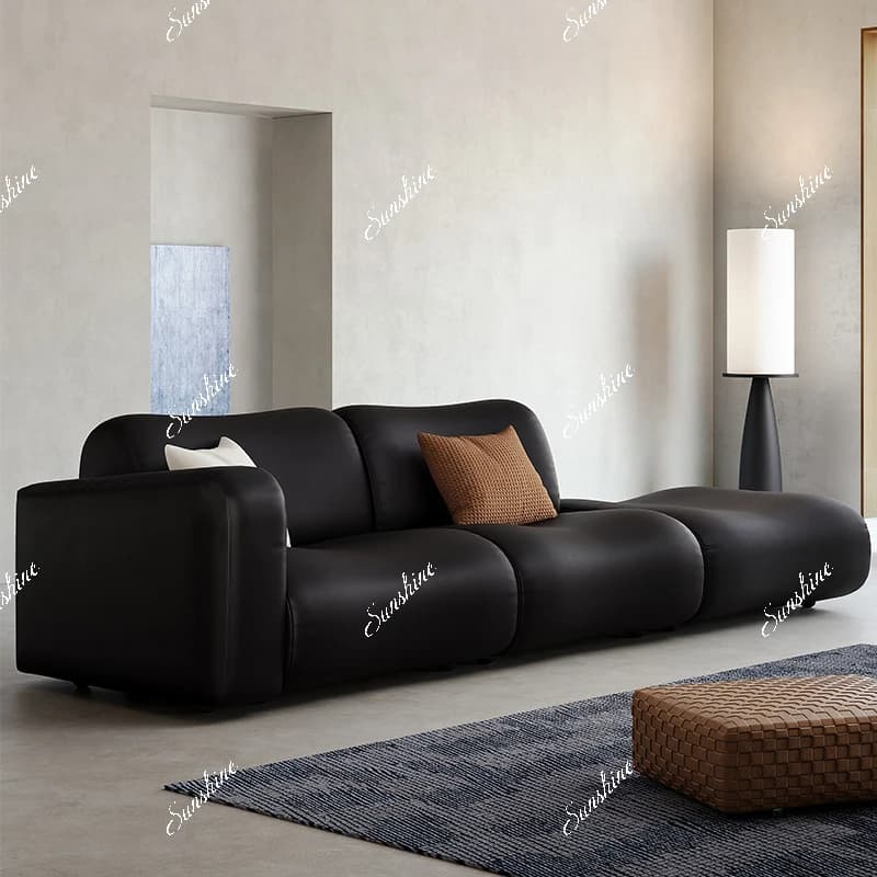 Leather sofa Italian style, retro living room straight row size apartment, black simple and modern