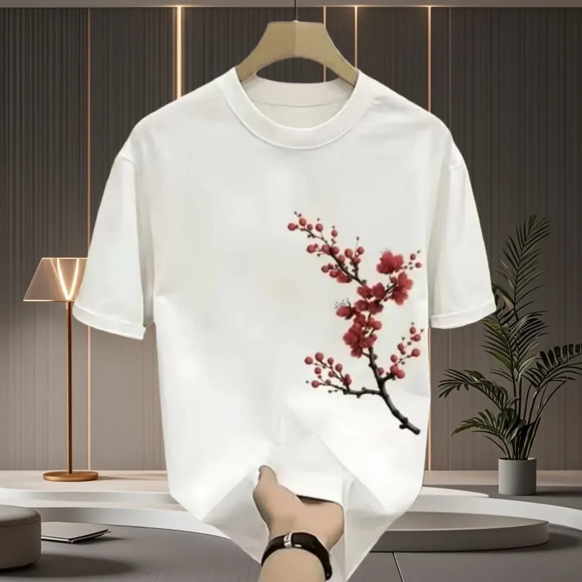 Men's White Round Neck Short Sleeve T Shirt with Plum Blossom Print Chinese Style Casual Tee for Summer Daily Wear
