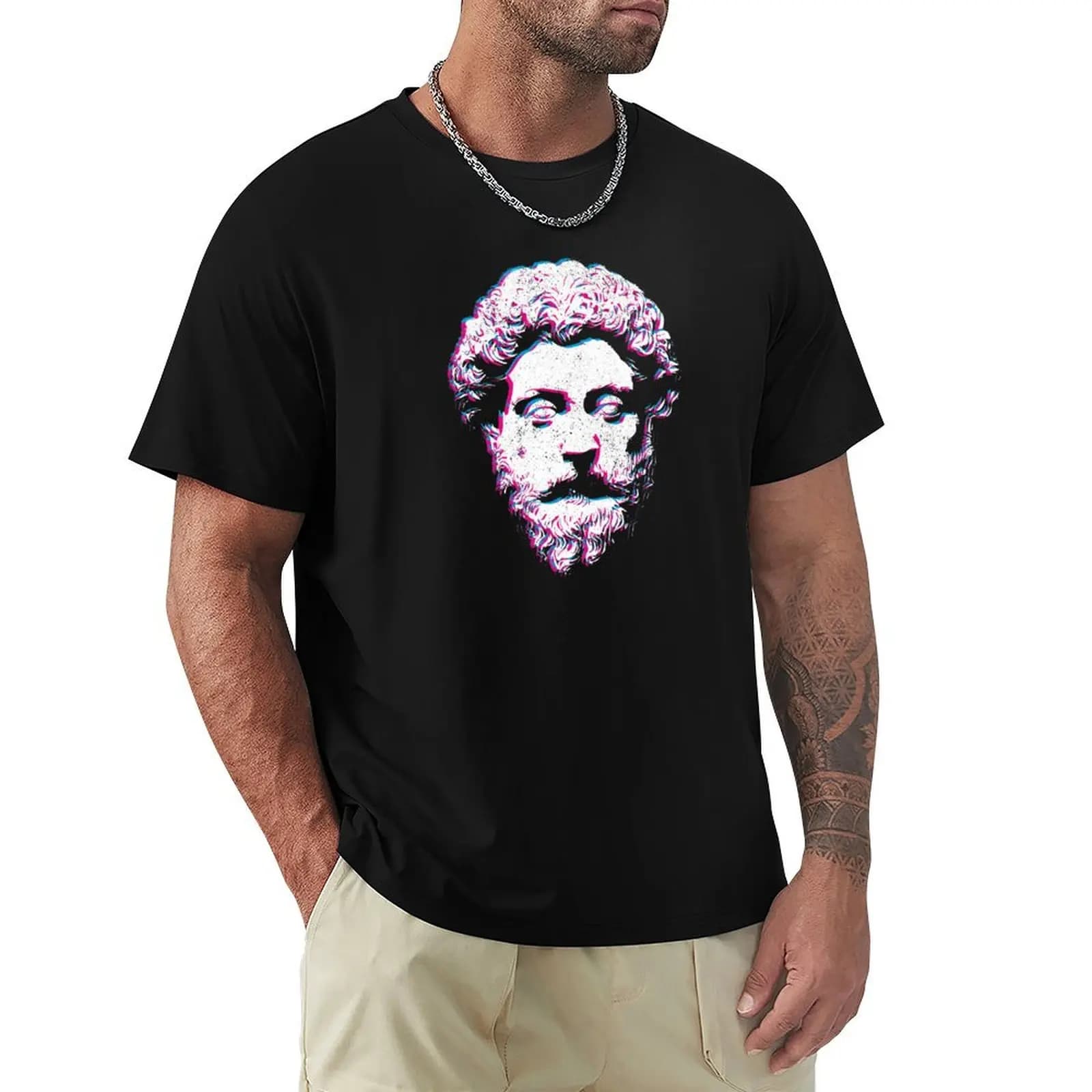Stoicism Philosopher King Marcus Aurelius Glitch Effect T-Shirt Big Size Loose Fit Tee Shirt