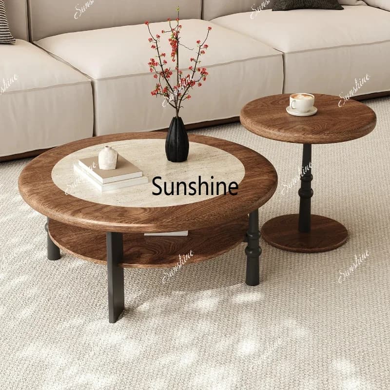 Round double-layer solid wood coffee table living room household small apartment high-end coffee tableTJ