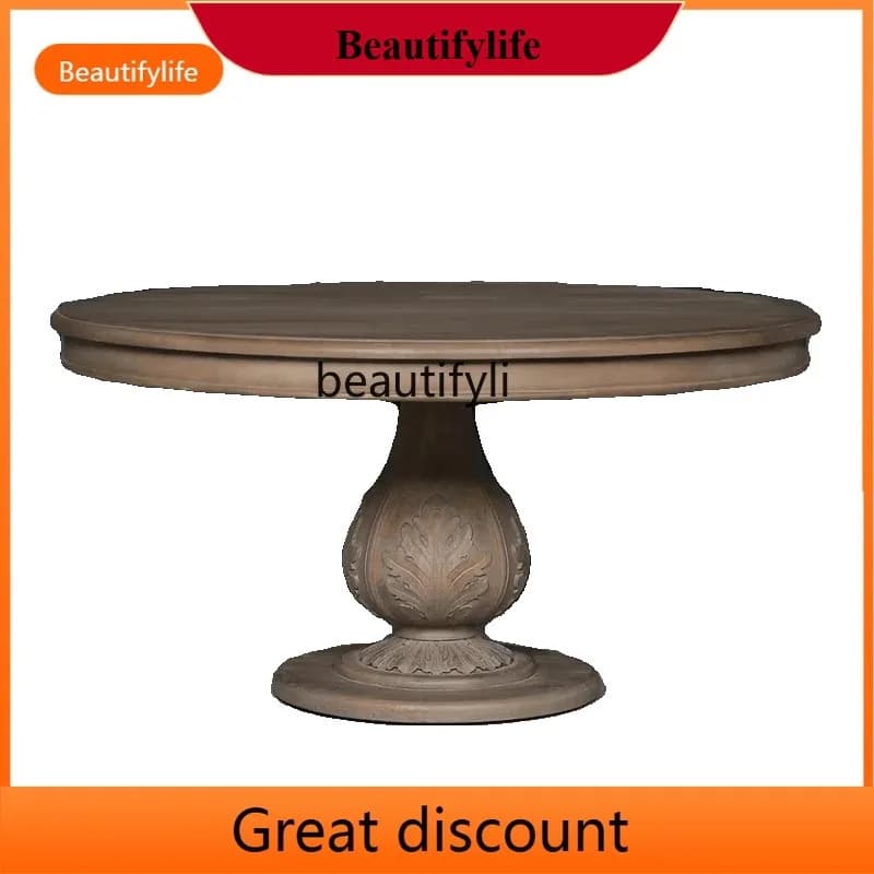z183 ay55  American retro solid wood round dining table dining table French antique old carved dining table and chair combinatio