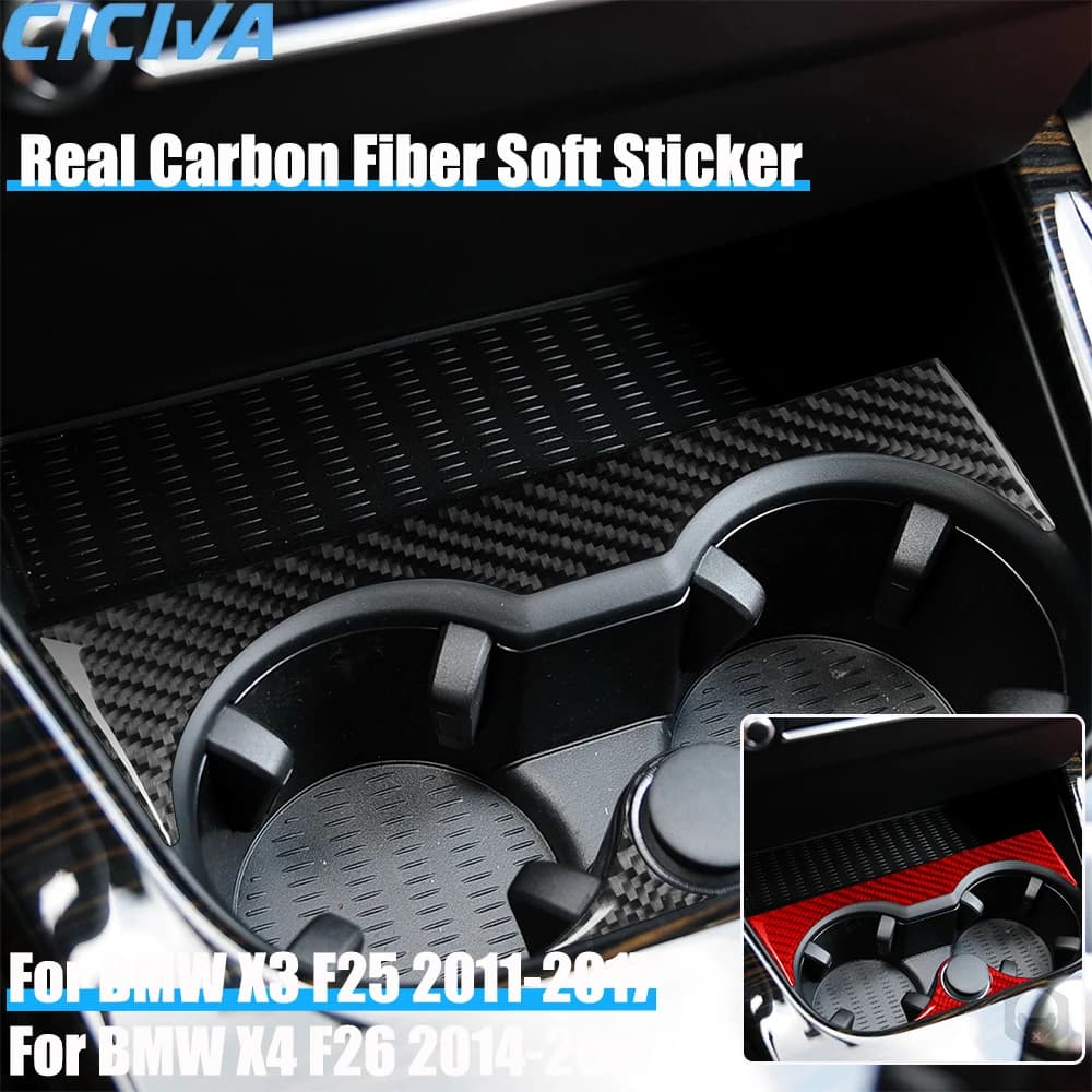 Real Carbon Fiber Car Accessories Gear Cup Holder Panel Decorative Cover Soft Sticker For BMW X3 F25 2011-2017 X4 F26 2014-2017