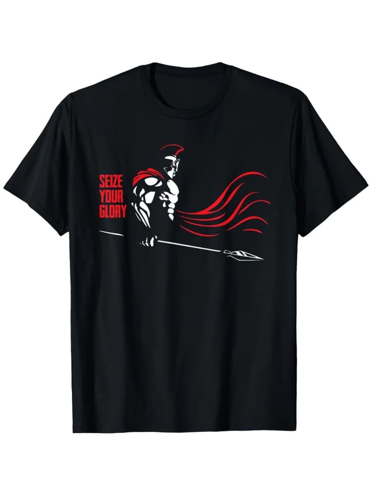 Spartan Warrior Helmet&"SEIZE YOUR GLORY"Graphic Men's T-Shirt-100% Cotton Crew Neck Short Sleeveprinted men's T-shirt.