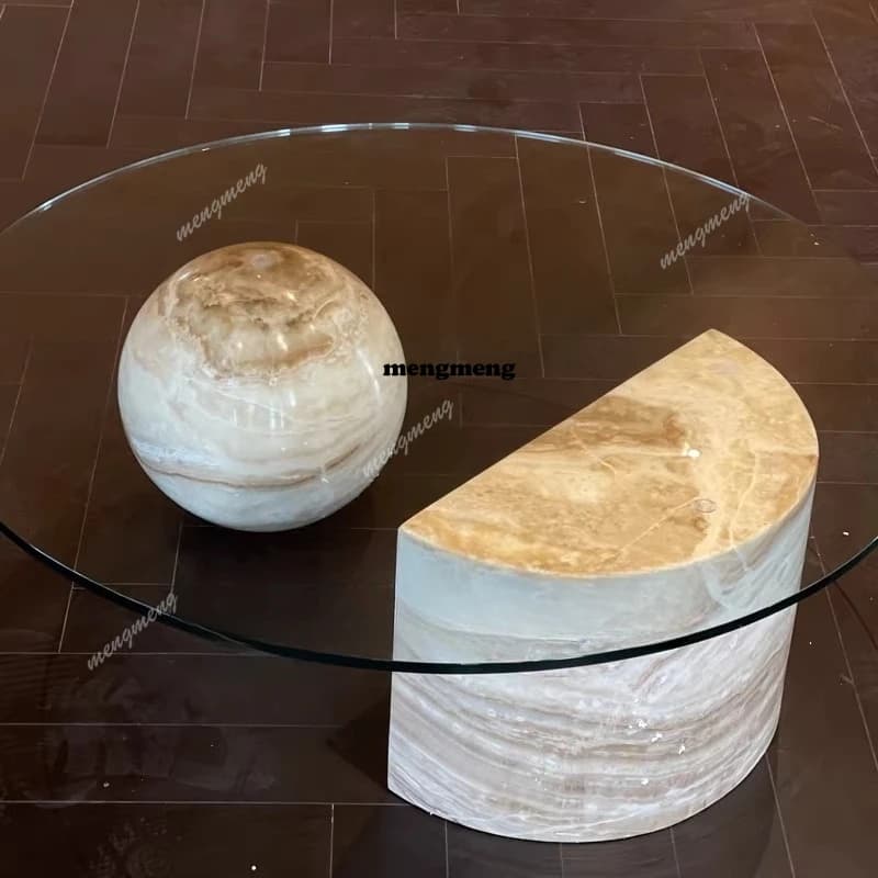 Modern simple natural marble round living room sofa coffee table, small apartment glass coffee table