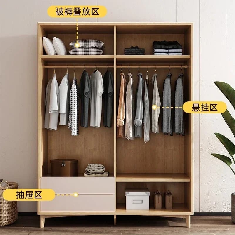 All Solid Wood Wardrobe Modern Simple Log Color Home Storage Wardrobe Small Apartment Wardrobe Bedroom Cabinet