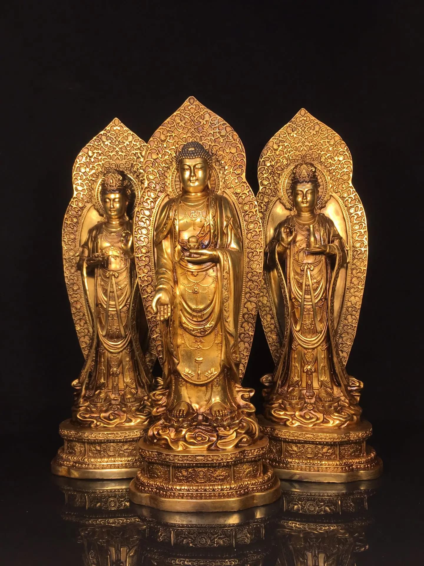 15"Tibetan Temple Collection Old Bronze Gilded High Relief Three Saints of the West Guanyin Shakyamuni Buddha Worship Hall