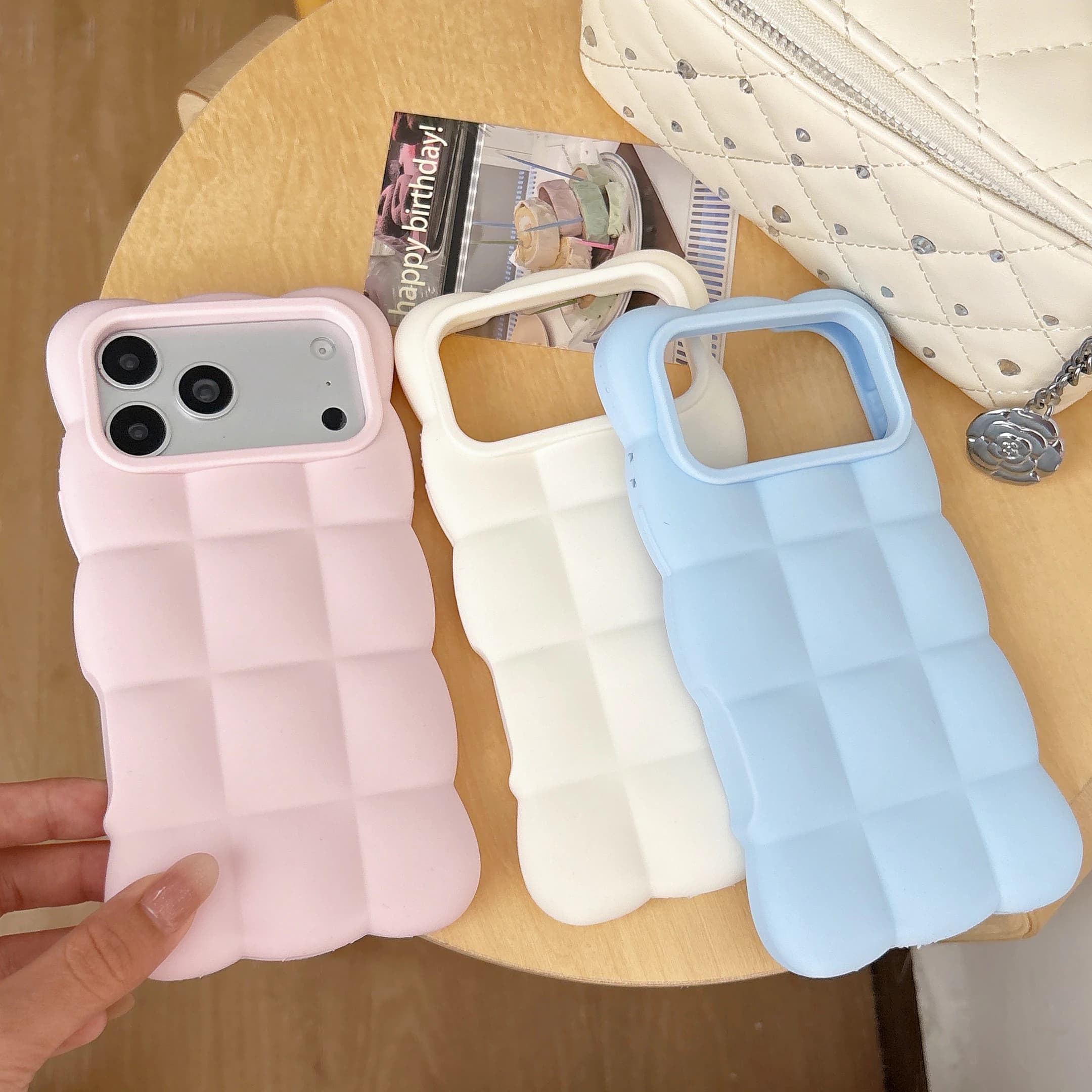 Cute 3D Puff Grid Soft Silicone Phone Case For iPhone 18 17 16 15 14 13 12 Pro Max Shockproof Cover With Cloud Star Wrist Strap