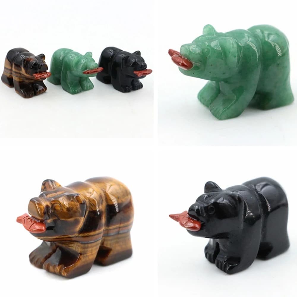 Natural Crystal Rose Quartz Bear Eat Fish Statue Healing Gemstone Carving Animal Figurines Reiki Small Home Decoration Wholesale