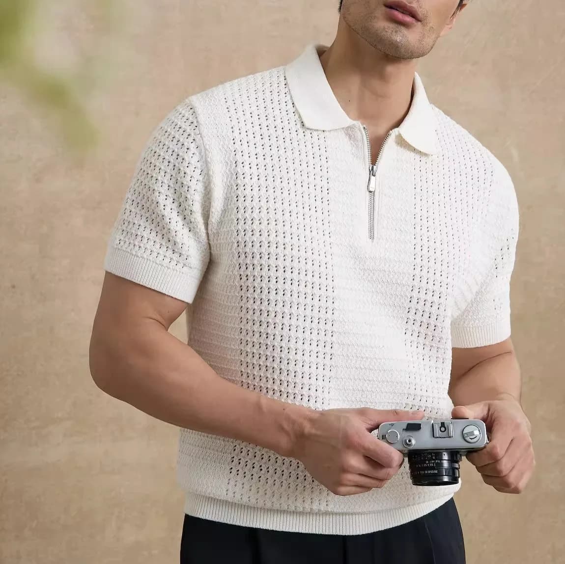 2026 Summer New Old Money Wind Lapel Neck Knitted Sweater Men's Short-sleeved Hollow T-shirt