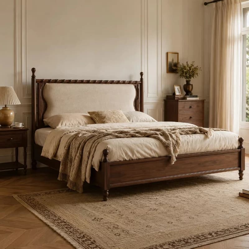 Luxury retro solid wood platform bed frame with upholstered fabric headboard