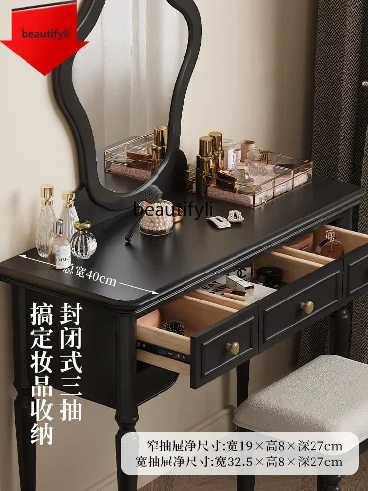 Q181 Black all solid wood dresser American bedroom French retro with mirror, multifunctional storage makeup table