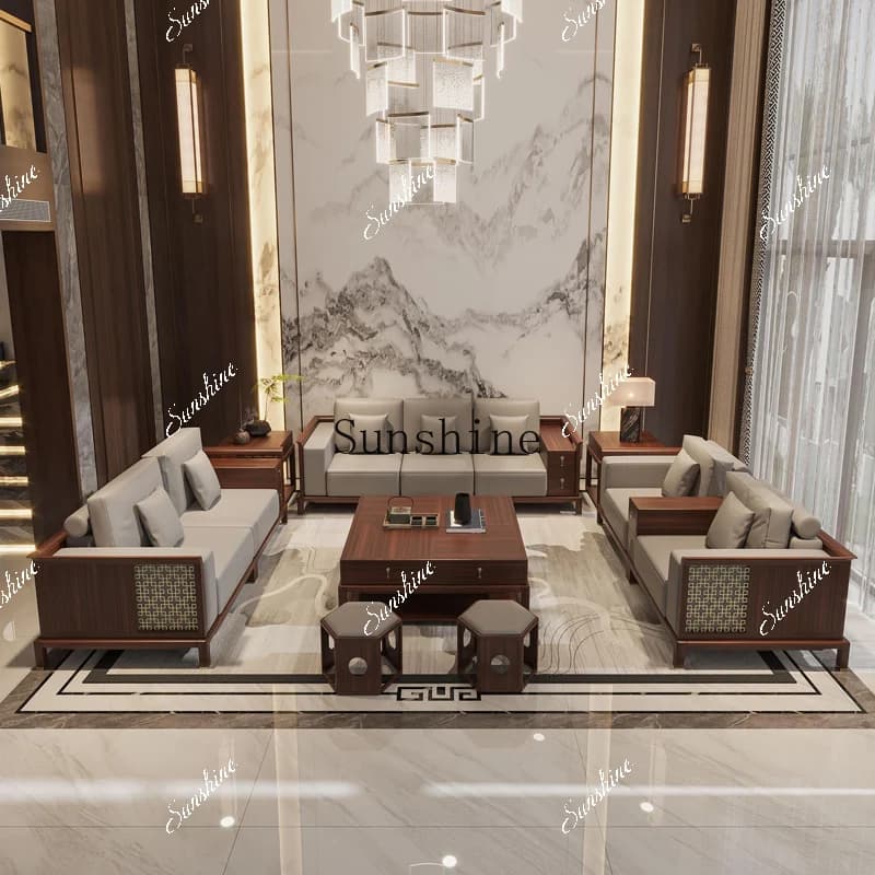 New Chinese-style solid wood combination villa large flat-floor living room modern simple furniture soft sofa  FT
