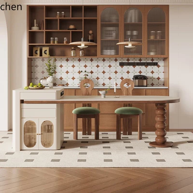 D18- medieval wind island dining table integrated household small apartment retractable arc travertine rock slab