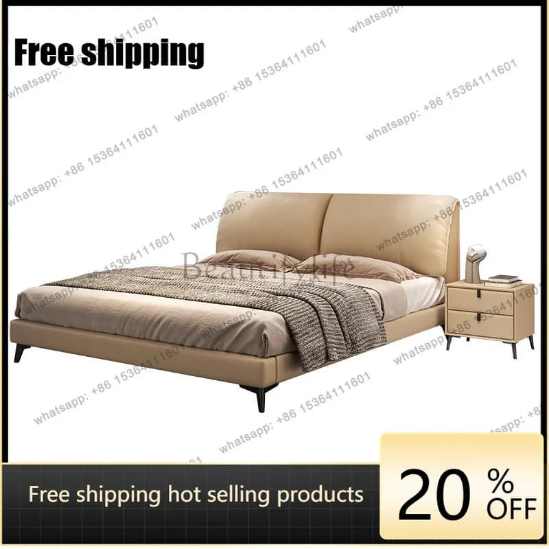 LJY Italian minimalist first layer leather bed modern minimalist cream style double bed