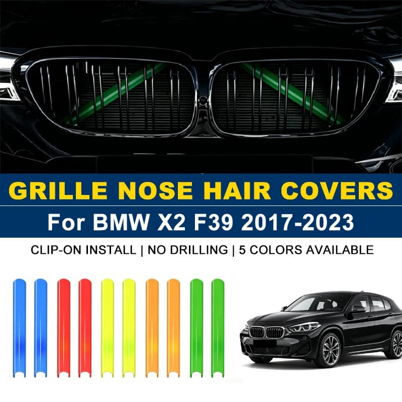 Clip-on Front Kidney Grille Trim Strips 2Pcs, No Drill Colorful Nose Hair Covers For BMW X2 F39 2017-2023 2018 2019 2020 2021