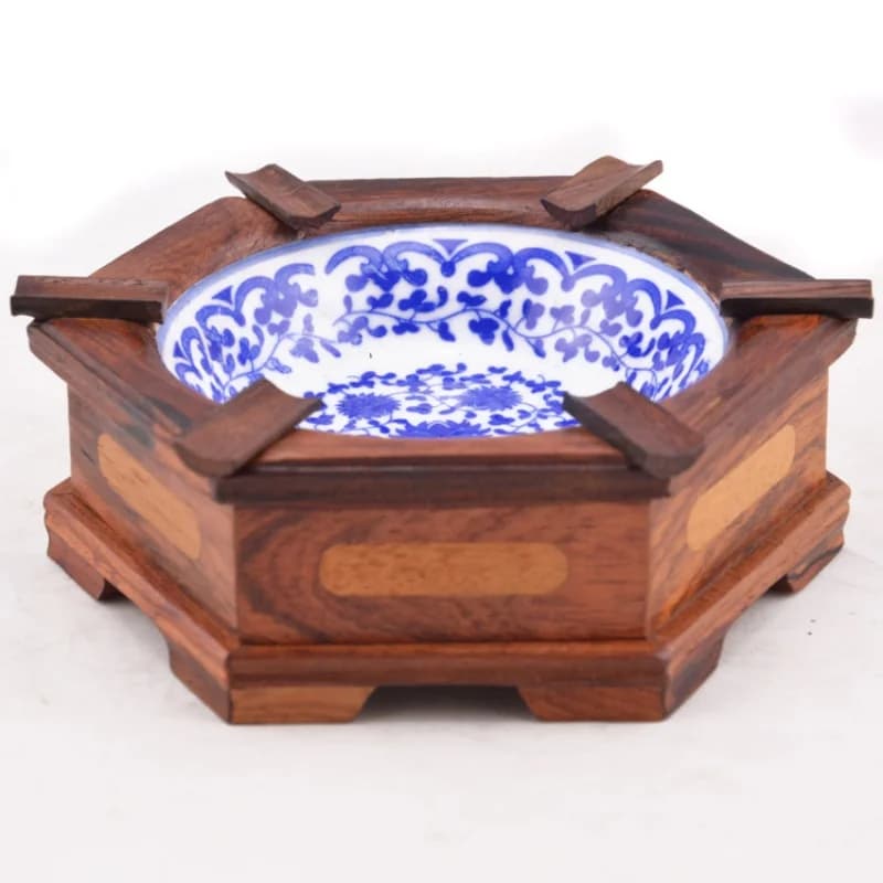 Redwood Carving Craft Ornaments Acid Branch Wood Hexagonal Ceramic Ashtray Home Creative Decoration