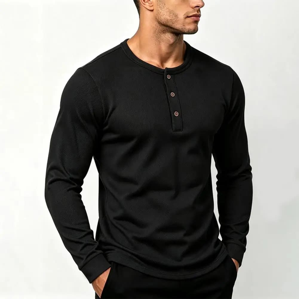 Men's Long Sleeve Pullover Shirt, 3 Button Placket Quick Dry Athletic Top, Regular Stylish Mens Basic Shirts for Fall Daily Wear