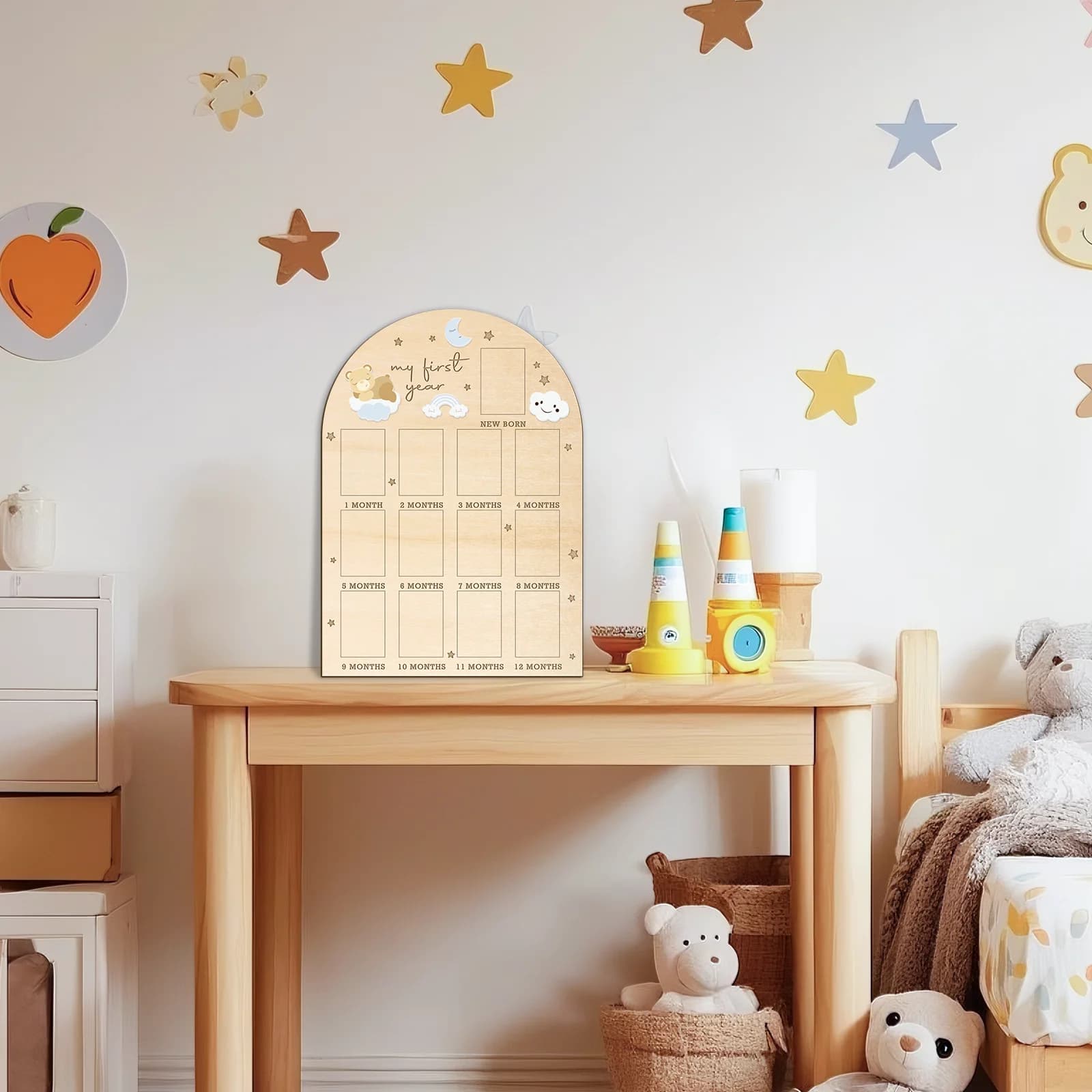 "My First Year" Wooden Photo Board - 13 Slot Baby Milestone Display with Bear & Moon Design (42.3x30cm)