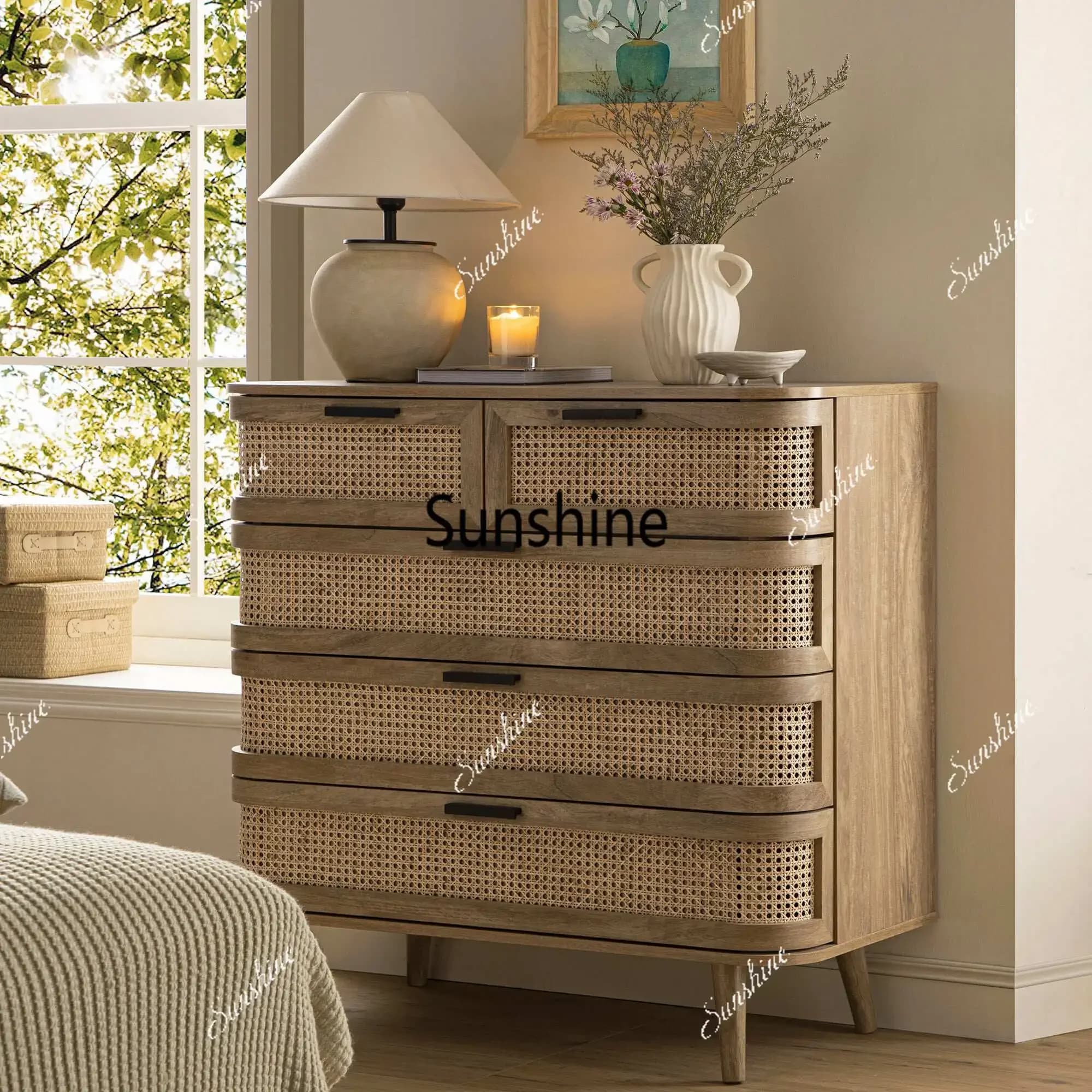 Y.French retro solid wood rattan cabinet, bedroom bedside, storage, living room wall storage