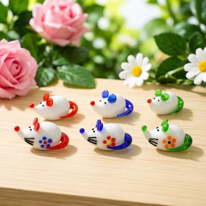 Colorful Cute Glass Mouse Mini Figurine Ornament Cartoon Animal Tiny Rat Statue Home Desktop Room Fairy Garden Kawaii Decor