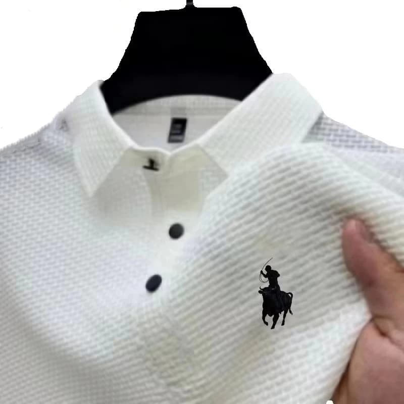 New Silk Knitted Hollow Polo Shirt Korean Edition Men's Summer Fashion Business Leisure Cool and Breathable Short Sleeved Top